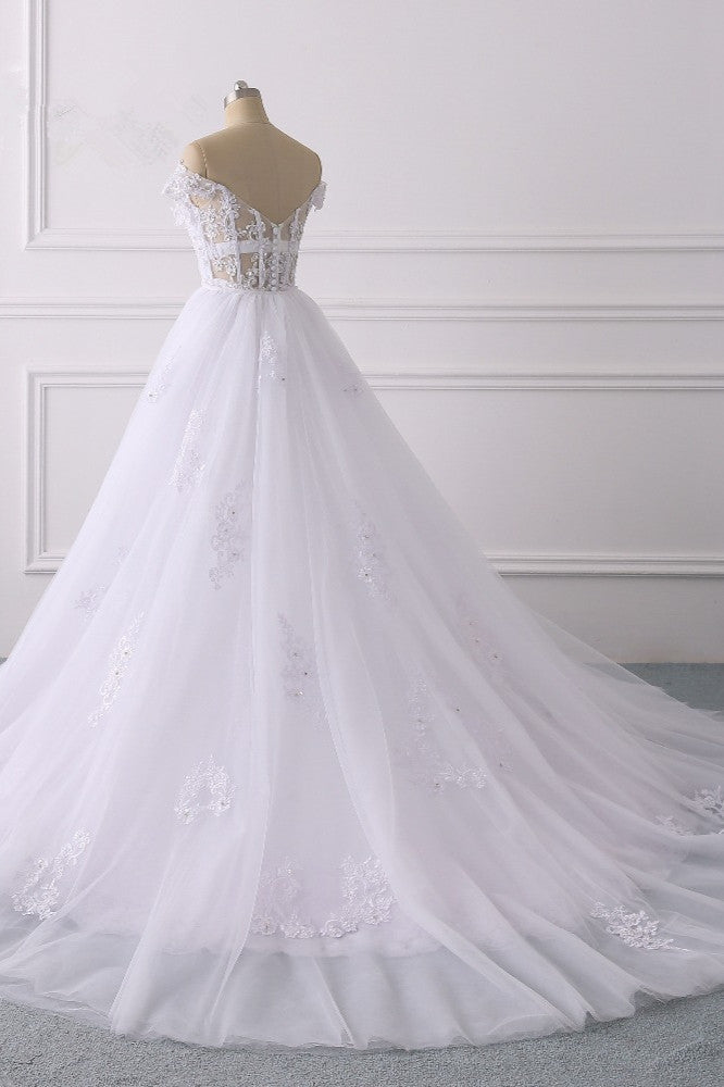 Elegant Off-the-Shoulder Tulle Lace Wedding Dress Sweetheart Appliques Beadings Sleeveless Bridal Gowns On Sale-27dress