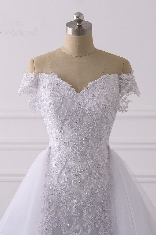 Elegant Off-the-Shoulder Tulle Lace Wedding Dress Sweetheart Appliques Beadings Sleeveless Bridal Gowns On Sale-27dress