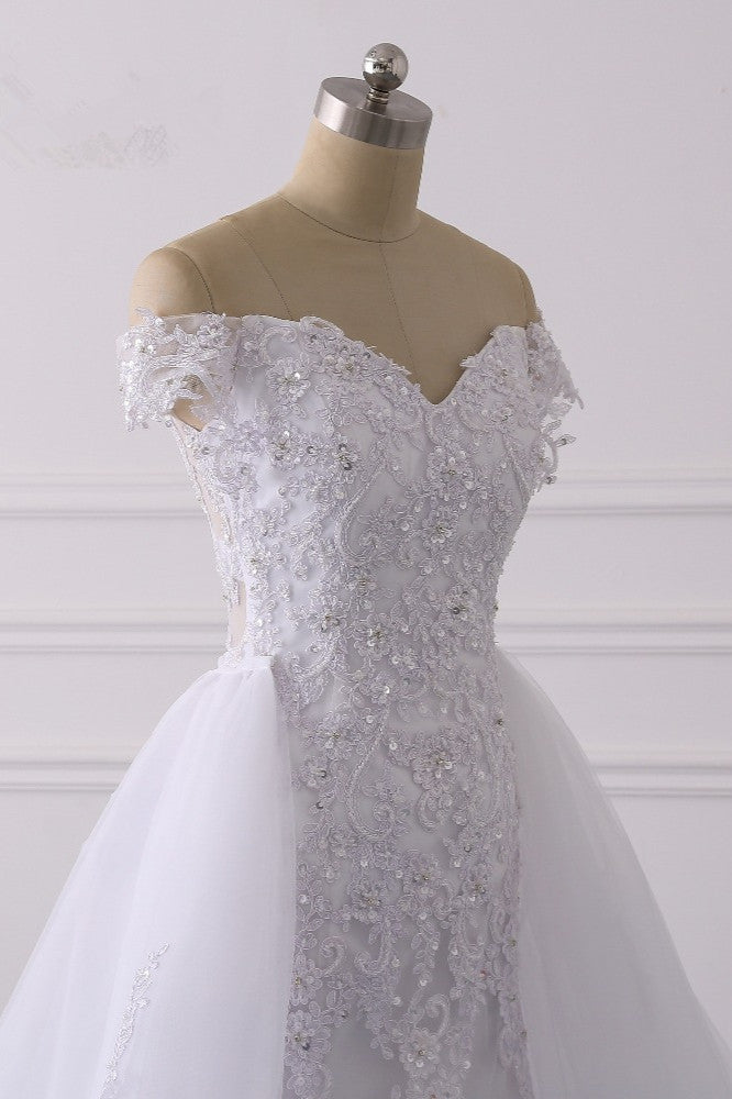 Elegant Off-the-Shoulder Tulle Lace Wedding Dress Sweetheart Appliques Beadings Sleeveless Bridal Gowns On Sale-27dress