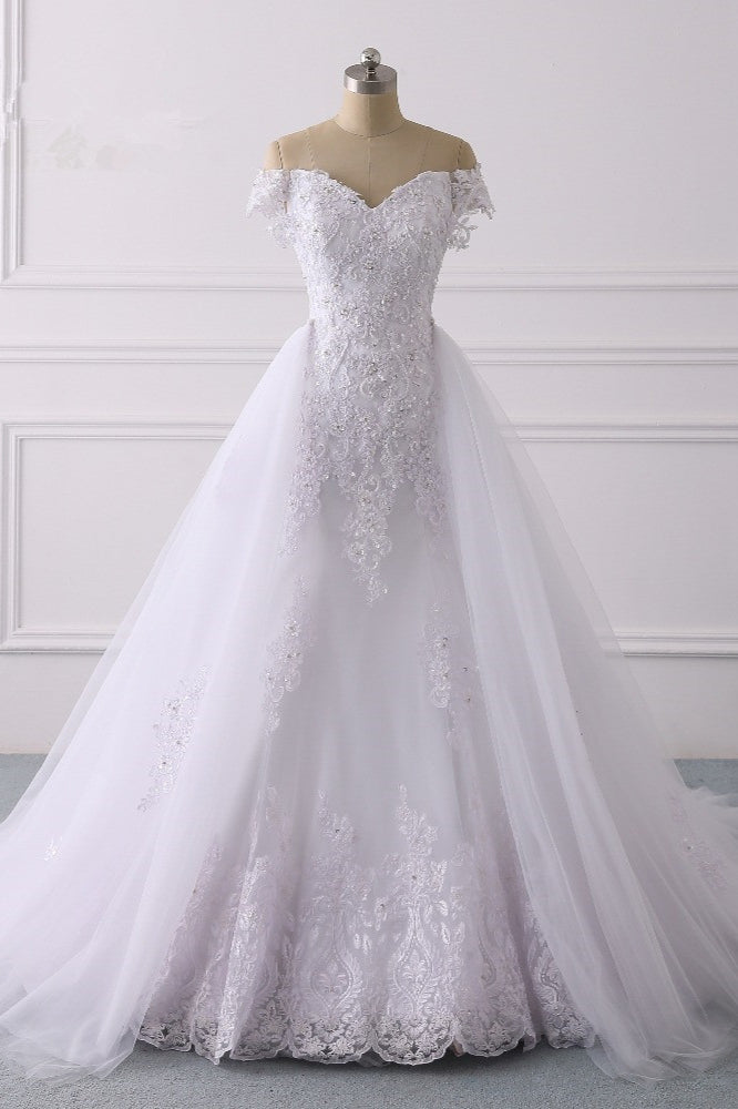 Elegant Off-the-Shoulder Tulle Lace Wedding Dress Sweetheart Appliques Beadings Sleeveless Bridal Gowns On Sale-27dress