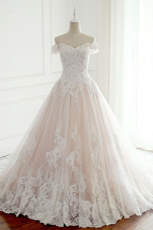 Elegant Off-the-Shoulder Tulle Lace Wedding Dress Sweetheart Appliques Sleeveless Bridal Gowns On Sale-27dress