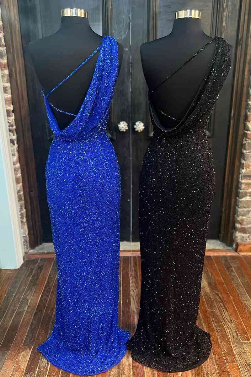 Elegant One-Shoulder Beaded Long Formal Dress with Slit