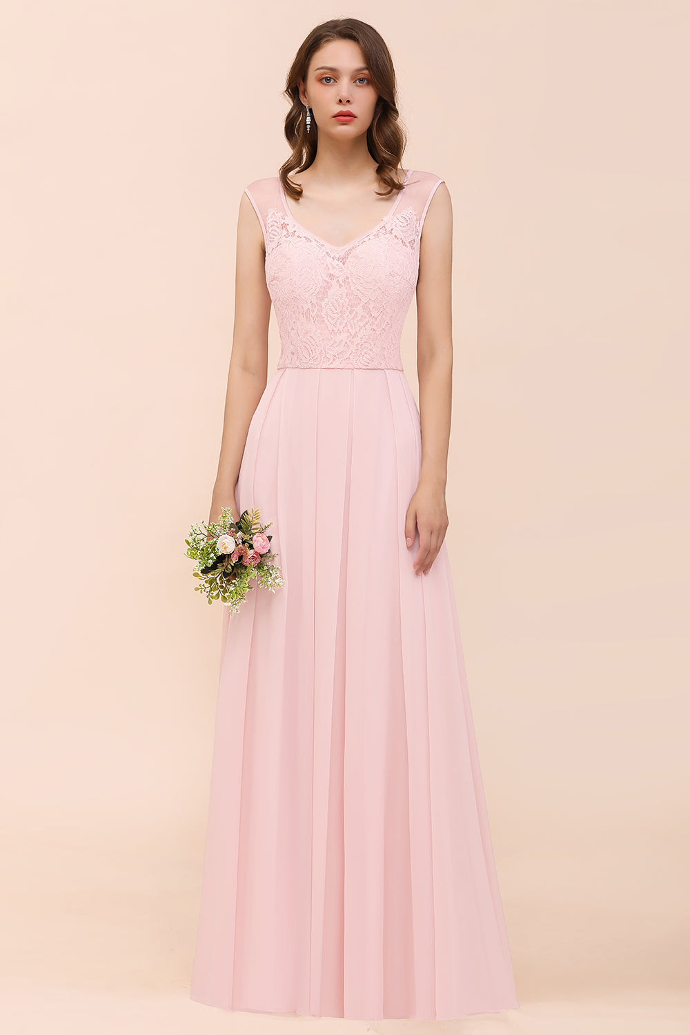 Elegant Pink Lace Straps Ruffle Affordable Bridesmaid Dress-27dress