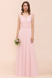 Elegant Pink Lace Straps Ruffle Affordable Bridesmaid Dress-27dress