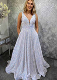 Elegant Princess A-line V Neck Sleeveless Velvet Sequins Long Prom Dress With Pockets-27dress