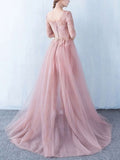 Elegant Princess Scoop Neck Tulle Floor-length Prom Dress with Appliques Lace