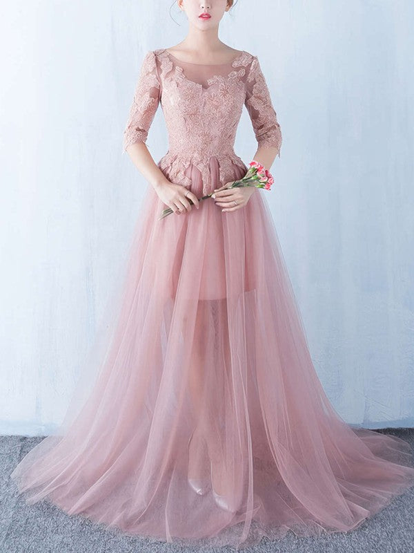 Elegant Princess Scoop Neck Tulle Floor-length Prom Dress with Appliques Lace