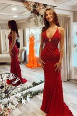 Elegant  Red Mermaid Prom Dress with Rhinestone