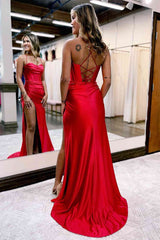 Elegant Red Straps Corset Back Long Prom Dress with Slit