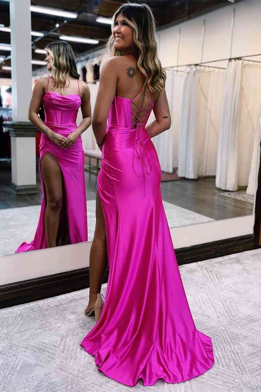 Elegant Red Straps Corset Back Long Prom Dress with Slit