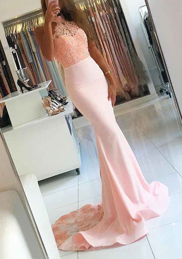 Elegant Satin Court Train Prom Dress with Halter Beaded Covered Button and Trumpet/Mermaid Sleeves-27dress