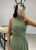 Elegant Satin Prom Dresses with High Neck and Sleeveless Sweep Train-27dress