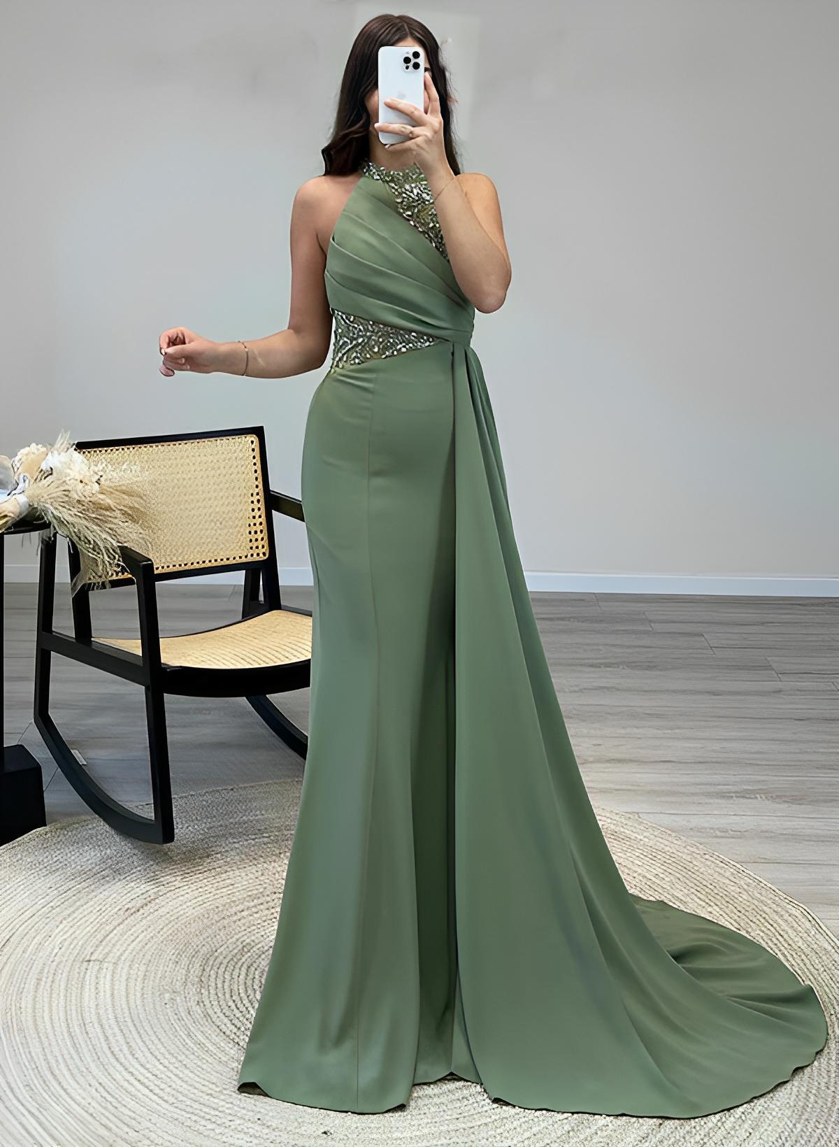 Elegant Satin Prom Dresses with High Neck and Sleeveless Sweep Train-27dress