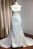 Elegant Scoop Mermaid Lace Wedding Dress Zipper Button Back-27dress