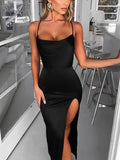 Elegant Sheath/Column Split Front Prom Dress with Cowl Neck and Spaghetti Straps