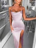 Elegant Sheath/Column Split Front Prom Dress with Cowl Neck and Spaghetti Straps