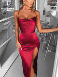 Elegant Sheath/Column Split Front Prom Dress with Cowl Neck and Spaghetti Straps