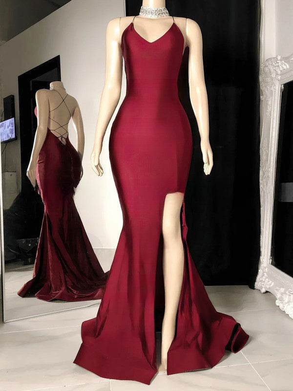 Elegant Sheath/Column V-neck Jersey Prom Dress with Split Front and Sweep Train