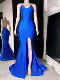 Elegant Sheath/Column V-neck Jersey Prom Dress with Split Front and Sweep Train