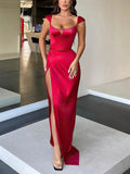 Elegant Sheath/Column V-neck Prom Dress with Split Front and Silk-like Satin Sweep Train