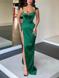 Elegant Sheath/Column V-neck Prom Dress with Split Front and Silk-like Satin Sweep Train