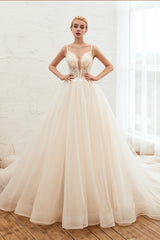 Elegant Spaghetti-Starps Tulle Wedding Dress With Appliques-27dress