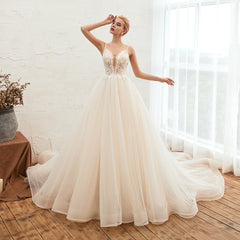 Elegant Spaghetti-Starps Tulle Wedding Dress With Appliques-27dress