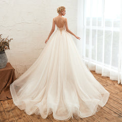 Elegant Spaghetti-Starps Tulle Wedding Dress With Appliques-27dress