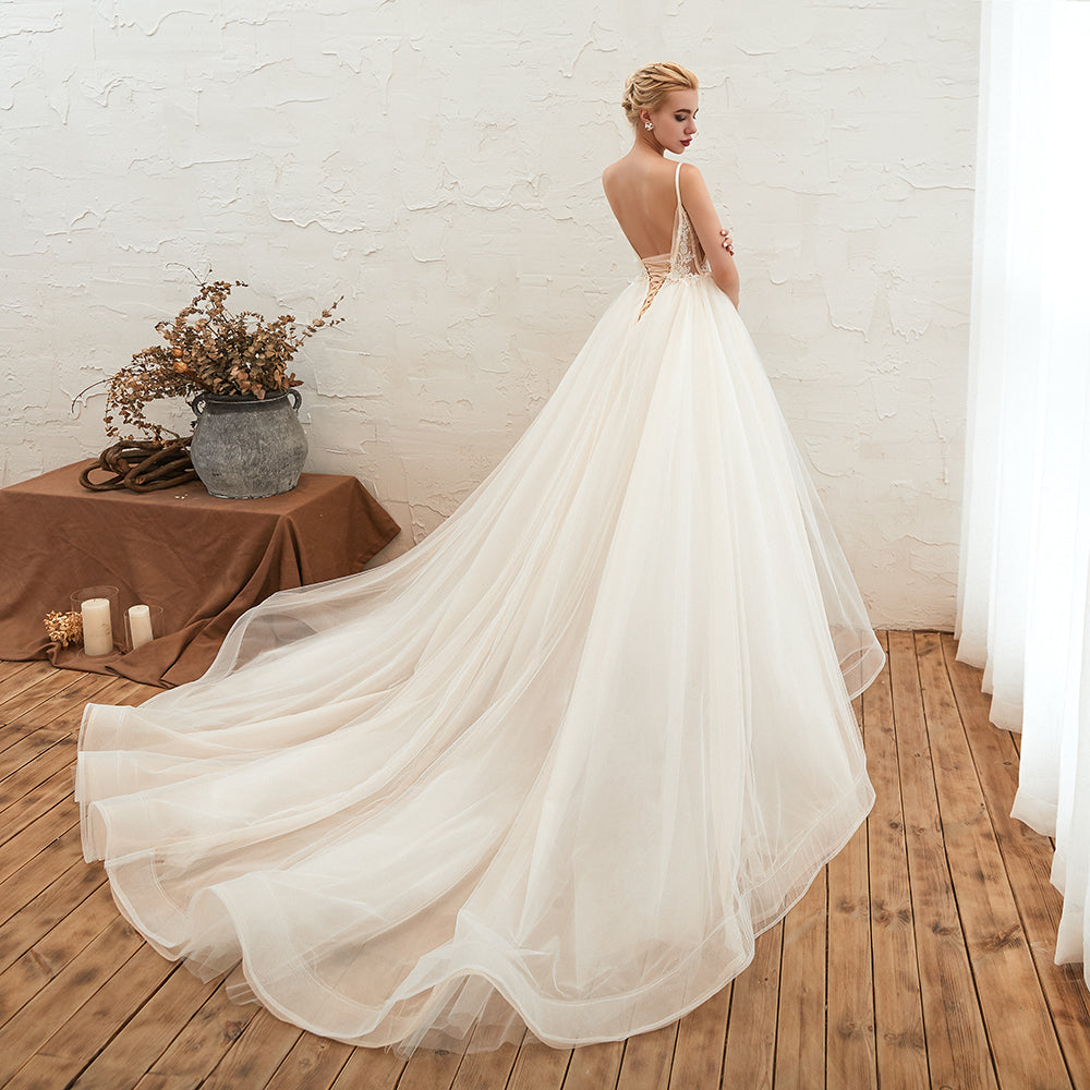 Elegant Spaghetti-Starps Tulle Wedding Dress With Appliques-27dress