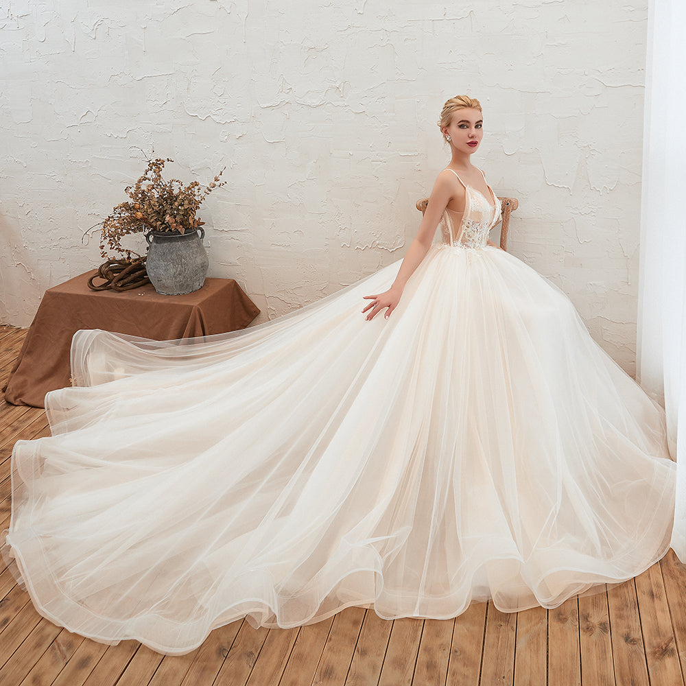 Elegant Spaghetti-Starps Tulle Wedding Dress With Appliques-27dress