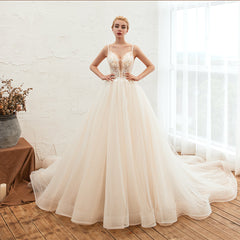 Elegant Spaghetti-Starps Tulle Wedding Dress With Appliques-27dress