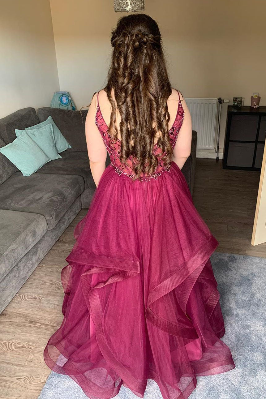 Elegant Spaghetti Straps Beaded Burgundy Long Prom Dress with Ruffles