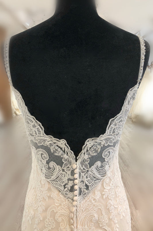 Elegant Spaghetti Straps Mermaid Wedding Dress Tulle Lace Appliques V-Neck Bridal Gowns Online-27dress