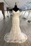 Elegant Spaghetti Straps Mermaid Wedding Dress Tulle Lace Appliques V-Neck Bridal Gowns Online-27dress