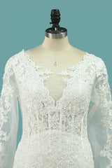 Elegant Square Tulle Lace Wedding Dress Mermaid Long Sleeves Appliques Bridal Gowns On Sale-27dress