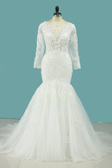 Elegant Square Tulle Lace Wedding Dress Mermaid Long Sleeves Appliques Bridal Gowns On Sale-27dress