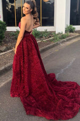 Elegant Strapless Burgundy Long Prom Dress with Side Slit