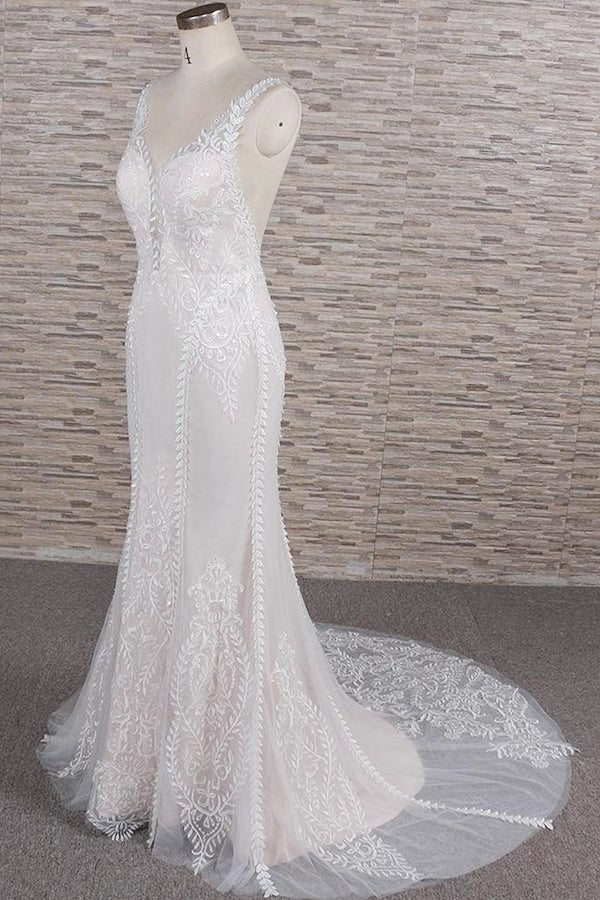 Elegant Straps A-line Lace Wedding Dresses White Mermaid V-neck Bridal Gowns On Sale-27dress