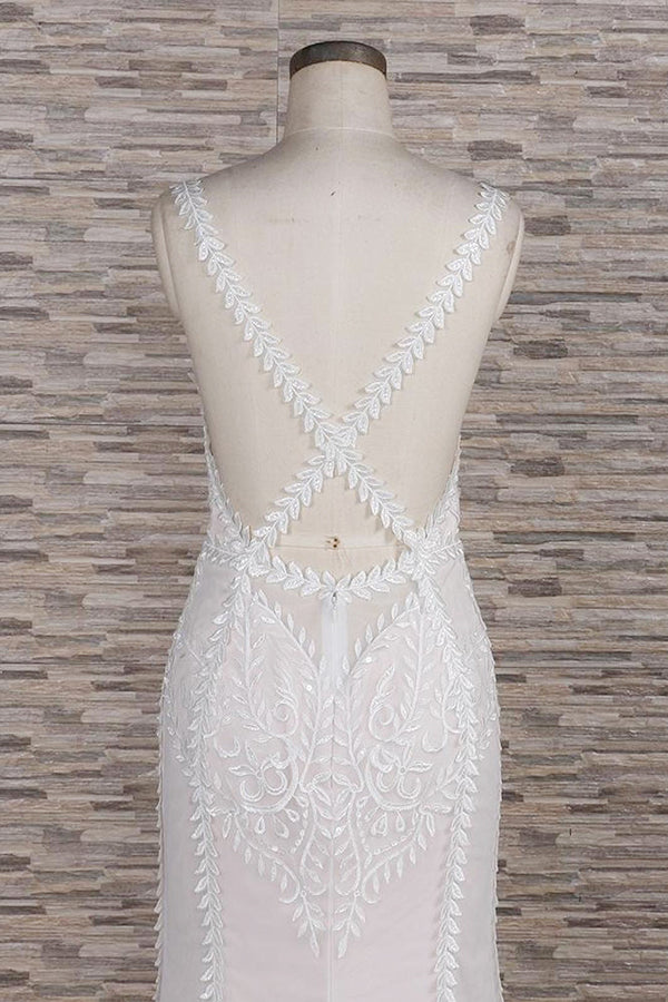 Elegant Straps A-line Lace Wedding Dresses White Mermaid V-neck Bridal Gowns On Sale-27dress