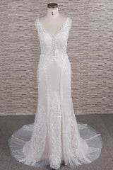 Elegant Straps A-line Lace Wedding Dresses White Mermaid V-neck Bridal Gowns On Sale-27dress