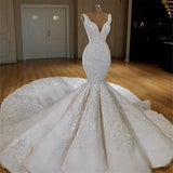 Elegant Straps Sleeveless White Wedding Dresses Mermaid Satin Bridal Gowns With Appliques Online-27dress