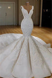 Elegant Straps Sleeveless White Wedding Dresses Mermaid Satin Bridal Gowns With Appliques Online-27dress