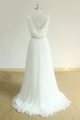 Elegant Straps Tulle White Wedding Dress A-line Ruffles Sleeveless Bridal Gowns On Sale-27dress