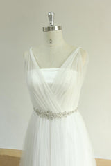 Elegant Straps Tulle White Wedding Dress A-line Ruffles Sleeveless Bridal Gowns On Sale-27dress