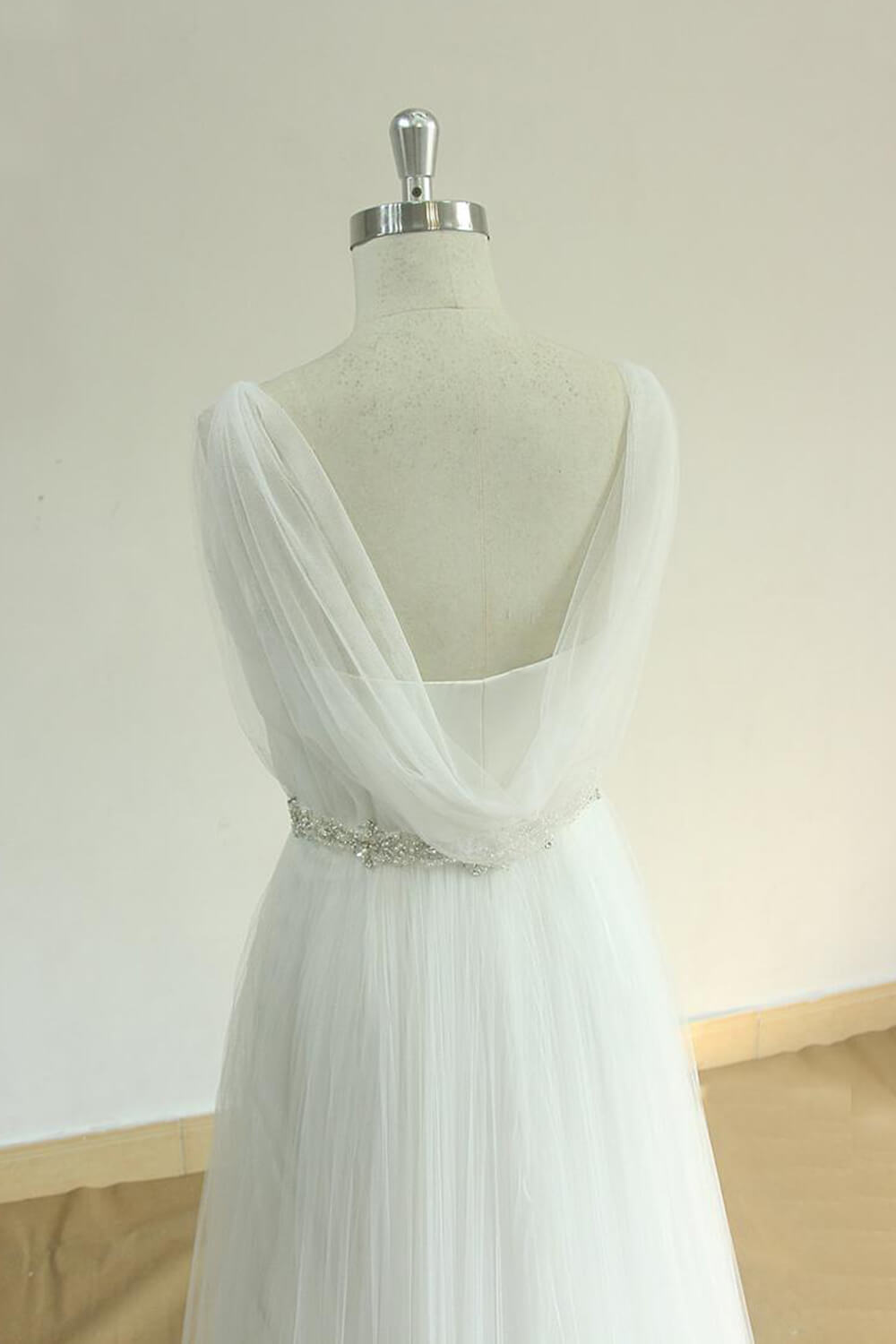 Elegant Straps Tulle White Wedding Dress A-line Ruffles Sleeveless Bridal Gowns On Sale-27dress