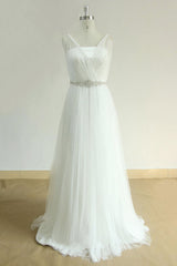 Elegant Straps Tulle White Wedding Dress A-line Ruffles Sleeveless Bridal Gowns On Sale-27dress