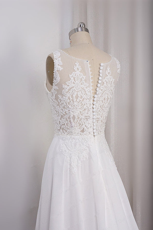 Elegant Straps V-neck Chiffon White Wedding Dress Sleeveless Lace Appliques Ruffle Bridal Gowns On Sale-27dress