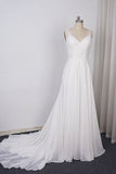 Elegant Straps V-neck Chiffon White Wedding Dress Sleeveless Lace Appliques Ruffle Bridal Gowns On Sale-27dress