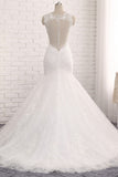 Elegant Straps V-Neck Tulle Lace Mermaid Wedding Dress Appliques Sleeveless Bridal Gowns On Sale-27dress