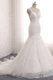 Elegant Straps V-Neck Tulle Lace Mermaid Wedding Dress Appliques Sleeveless Bridal Gowns On Sale-27dress